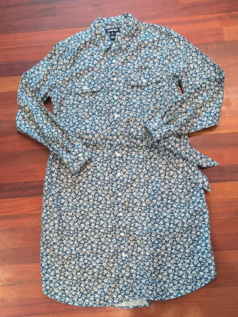 Lands' End Navy and White Floral Long-Sleeve Shirt Dress